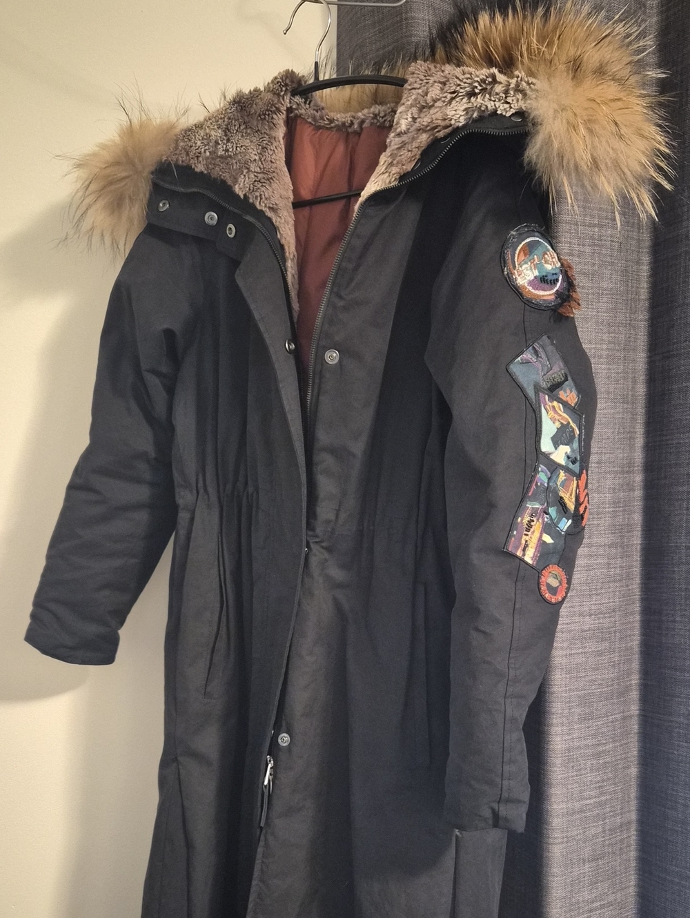 Korean Black Parka Coat with Fur-Trim Hood